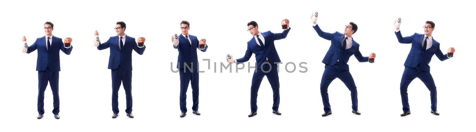 Businessman with blood bag isolated on white