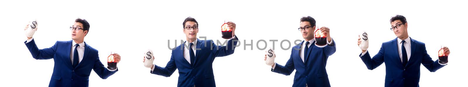 Businessman with blood bag isolated on white