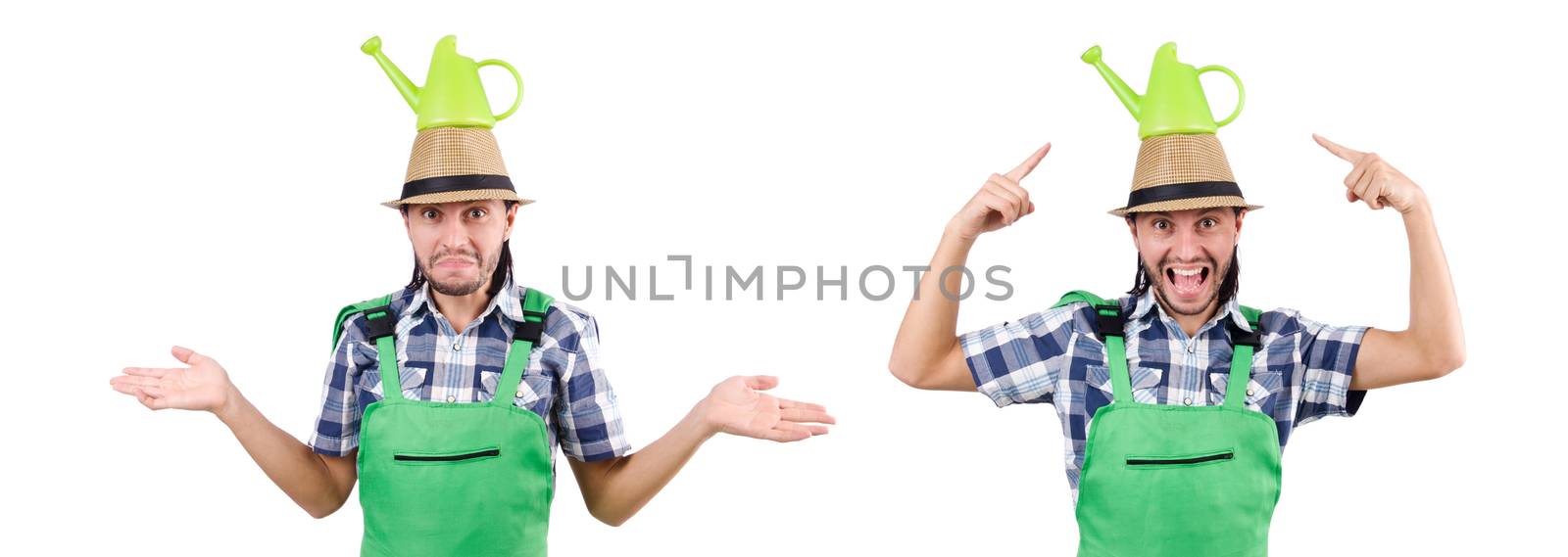 Funny gardener with watering can isolated on white