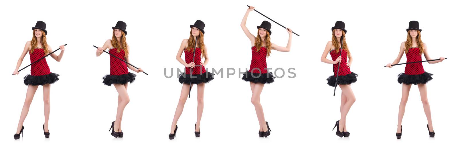Girl in red polka-dot dress isolated on white