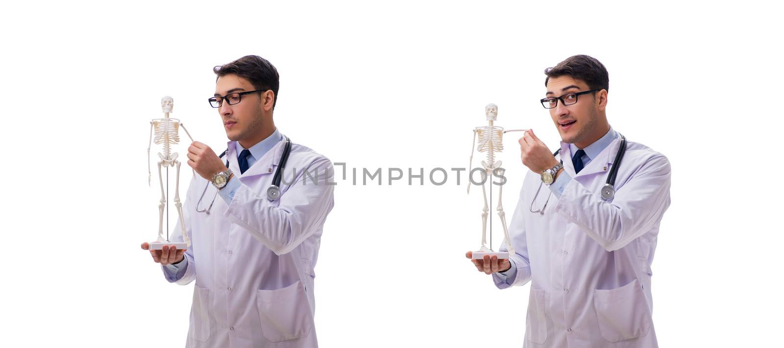 Young male doctor with skeleton isolated on white