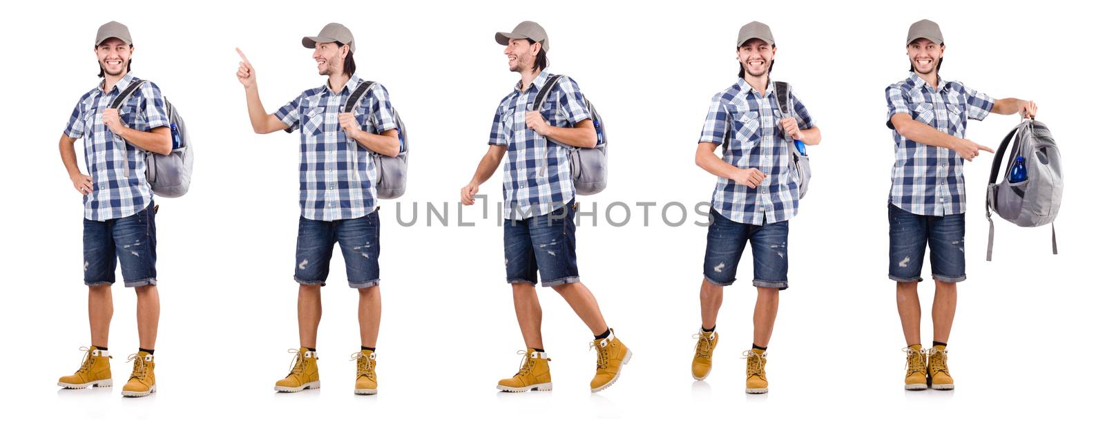 Young traveler with rucksack isolated on white