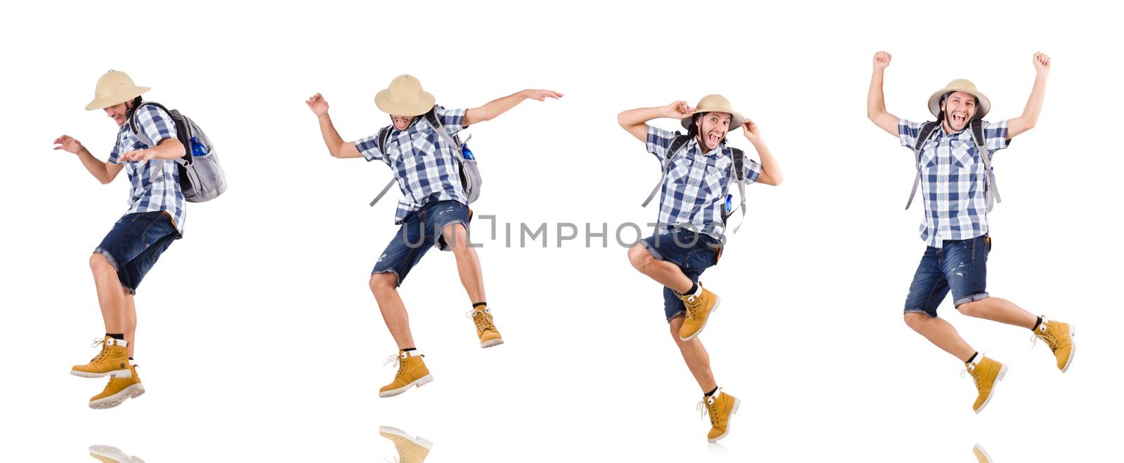 Young traveler with rucksack isolated on white