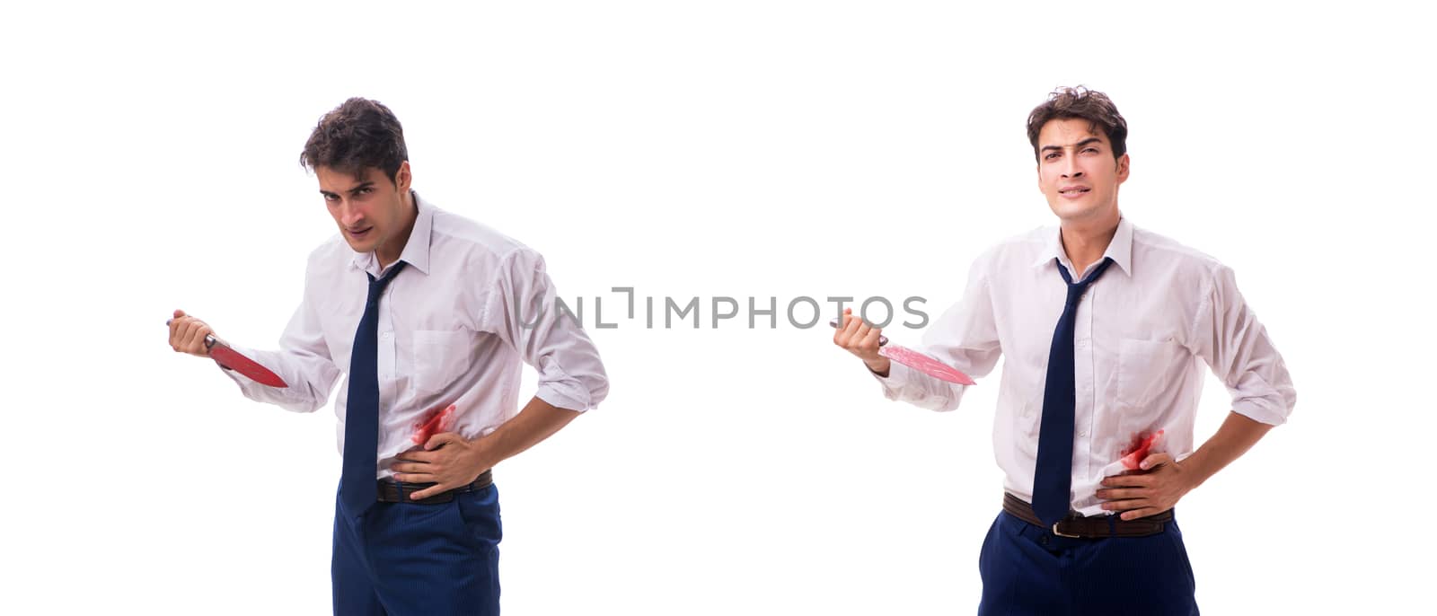 Wounded businessman with blood stains isolated on white background