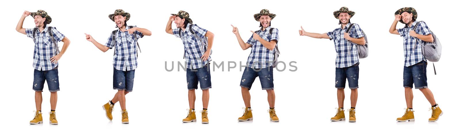 Young traveller with backpack isolated on white