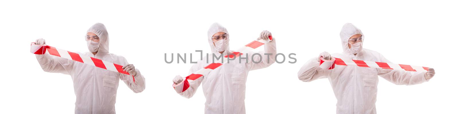 Forensic specialist in protective suit isolated on white