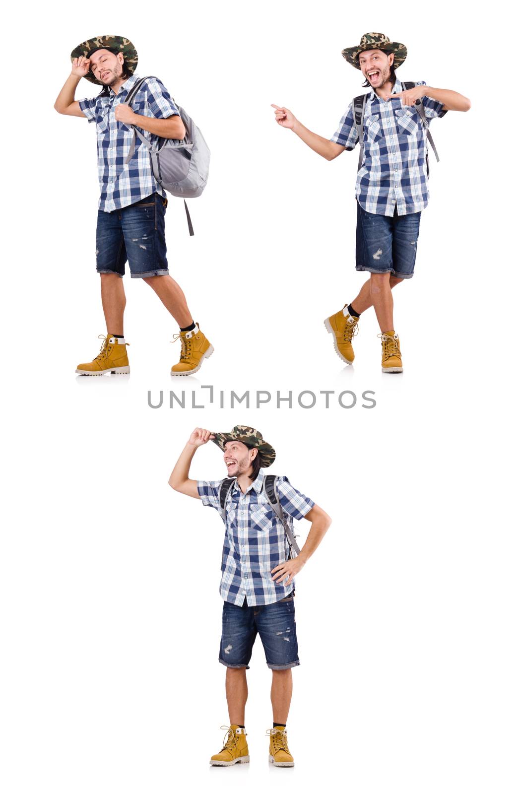 Young traveler with rucksack isolated on white