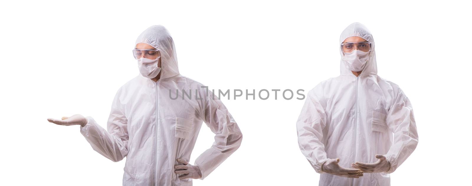 Man in protective suit isolated on white background