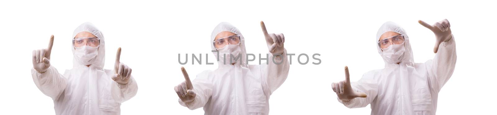 Man in protective suit isolated on white background