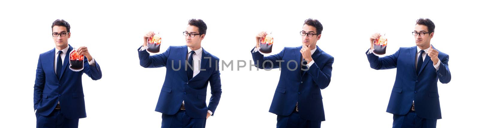 Businessman with blood bag isolated on white