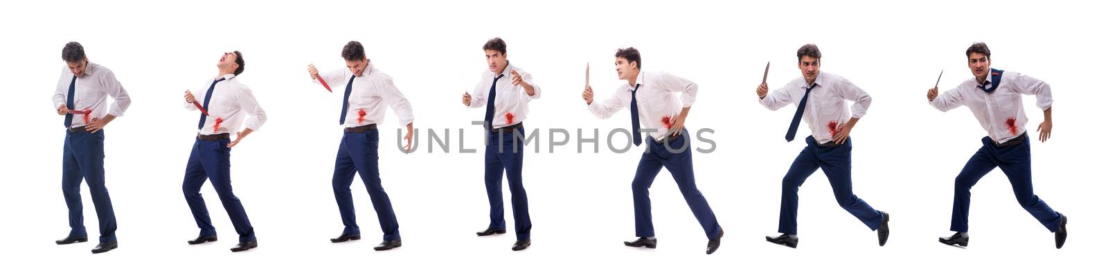 Wounded businessman with blood stains isolated on white background