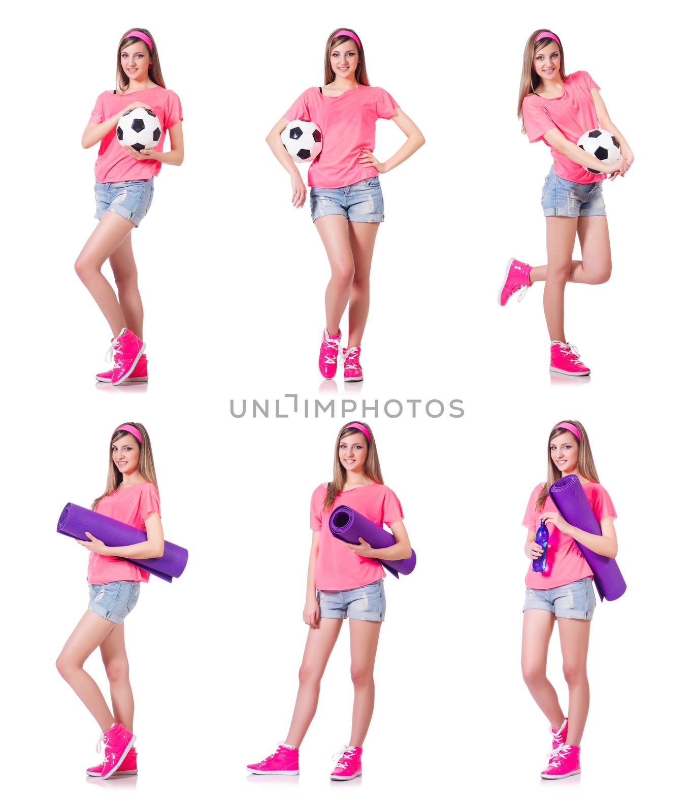 Woman with football on white