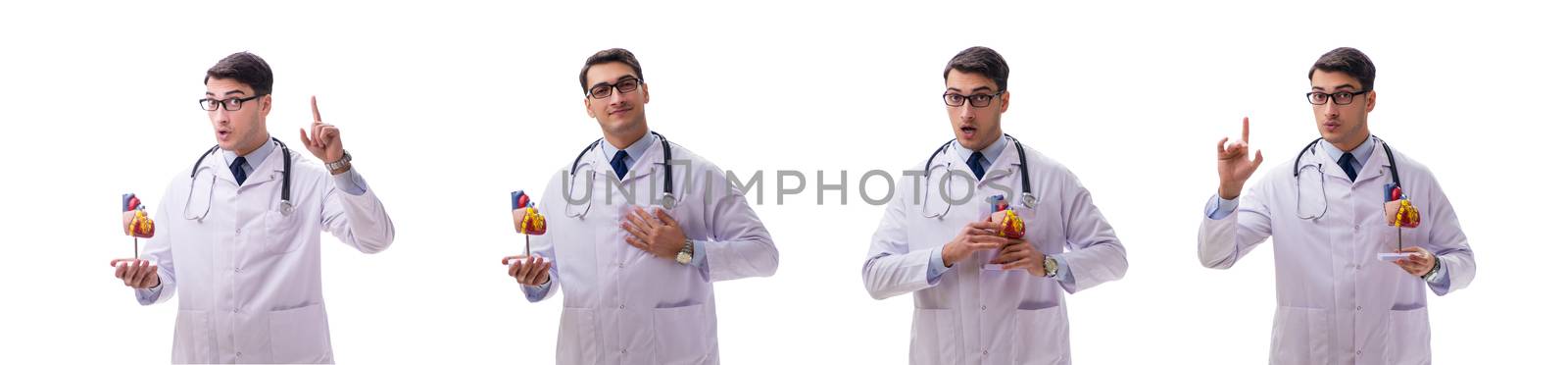 Young doctor with heart shape isolated on white