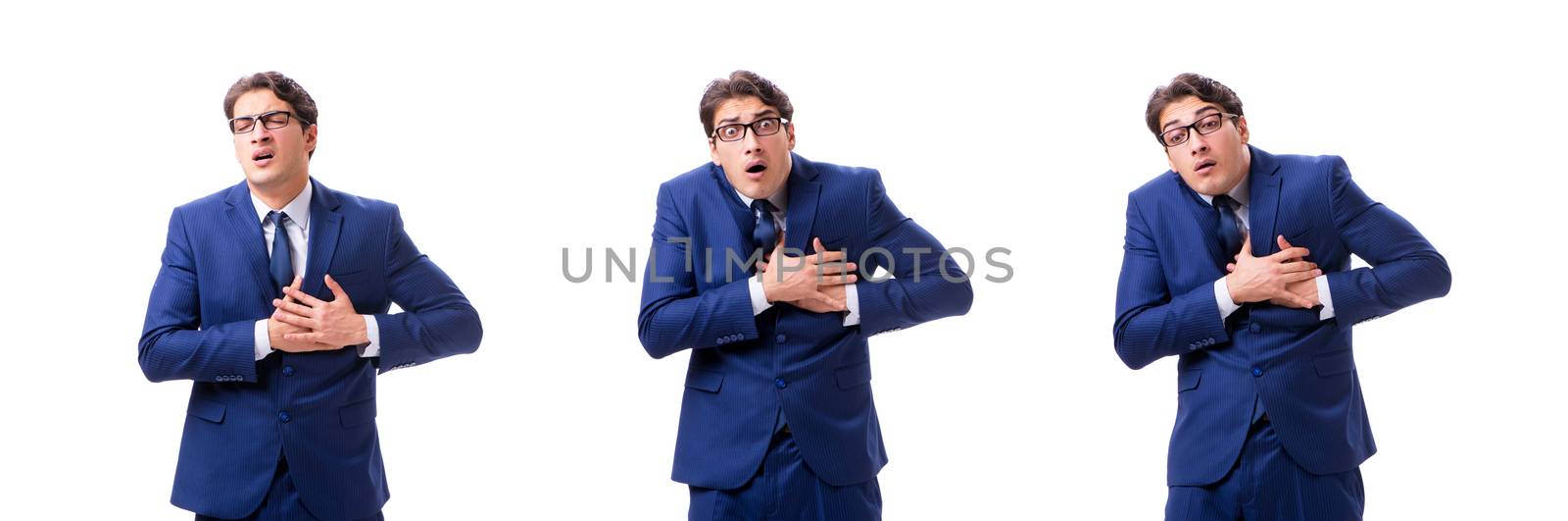 Young sick and unhappy businessman isolated on white background 