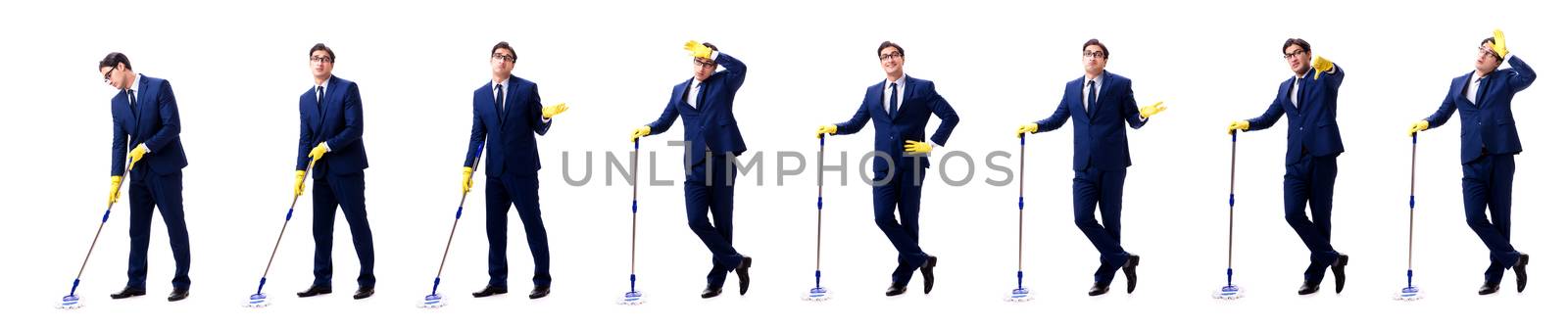 Young handsome businessman with mop isolated on white 