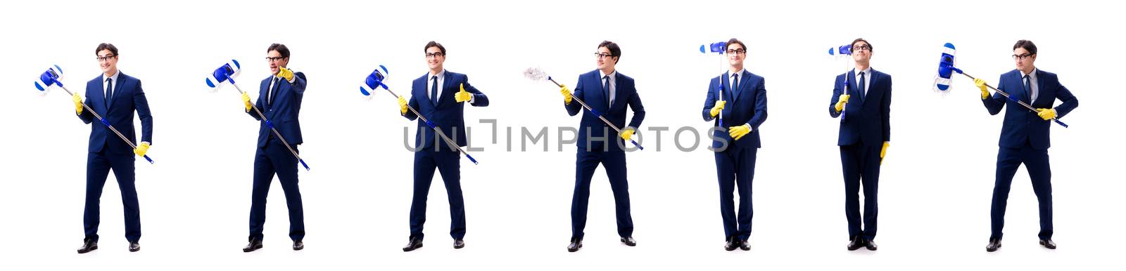 Young handsome businessman with mop isolated on white 