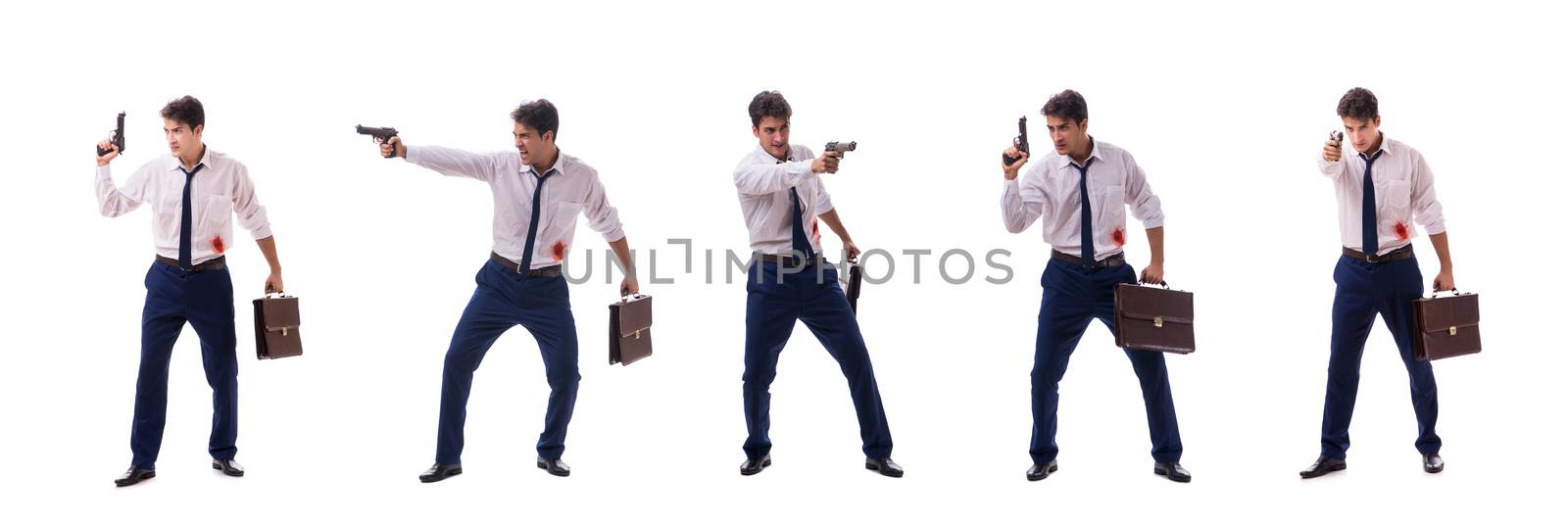 Businessman wounded in gun fight isolated on white