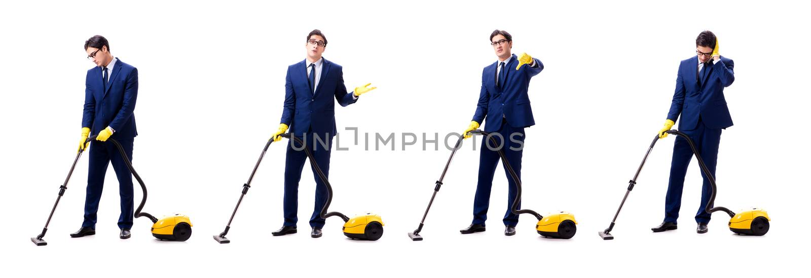 Young handsome businessman with vacuum cleaner isolated on white