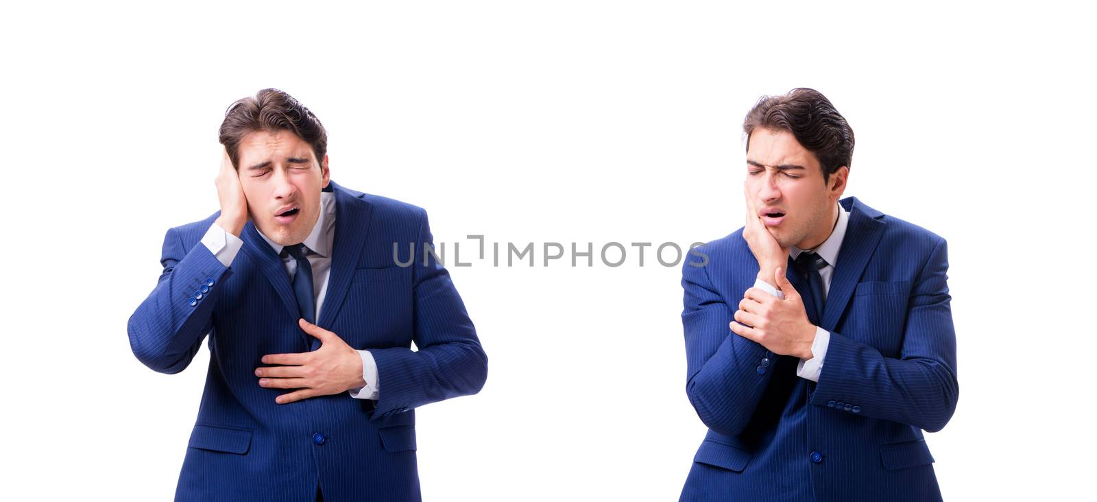Young sick and unhappy businessman isolated on white background 
