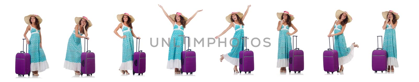 Woman traveller with suitcase isolated on white