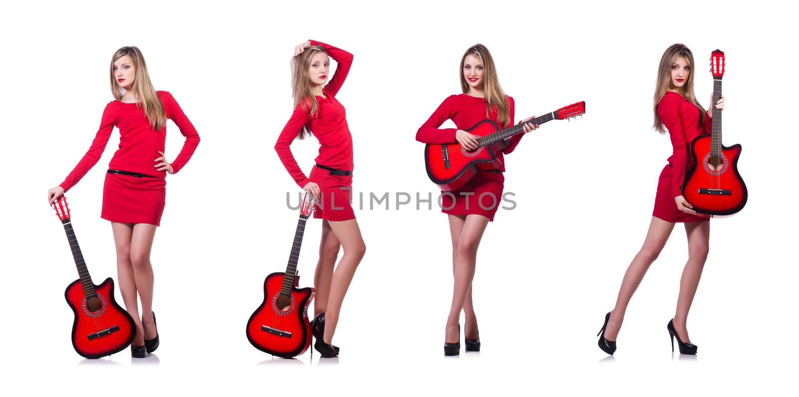 Guitar player woman isolated on white