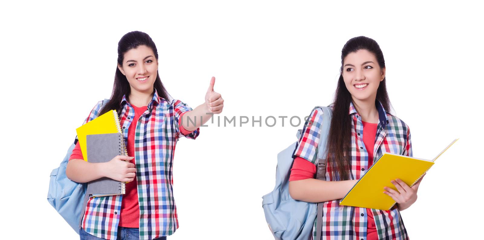 Young student with books on white