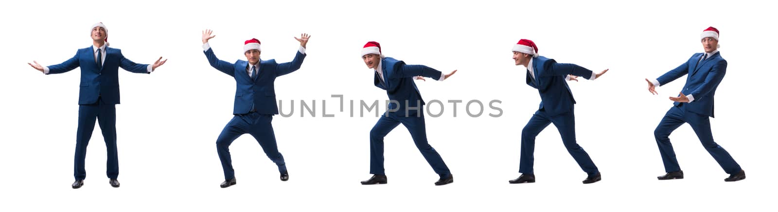 Young busnessman wearing santa hat in christmas concept on white