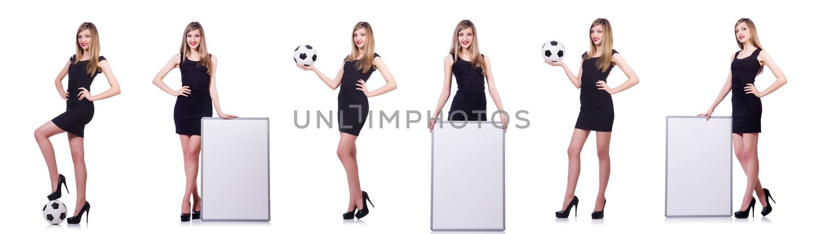 Woman with football on white