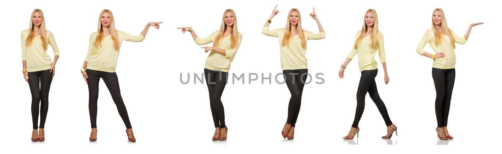 Pretty woman in yellow blouse isolated on white