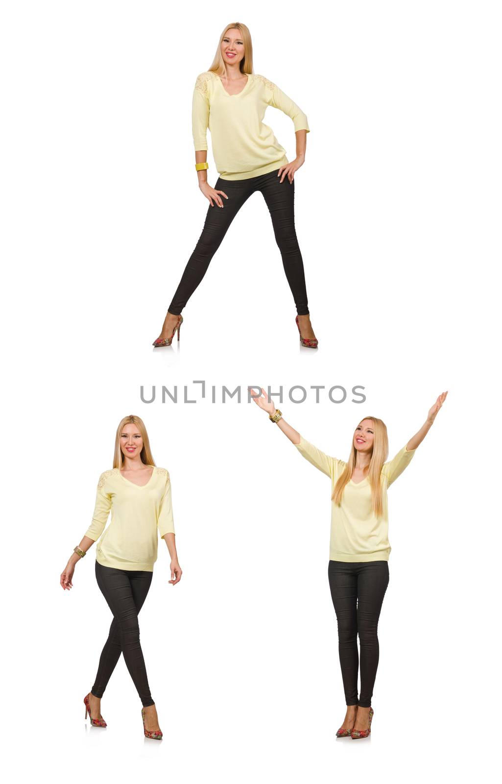 Pretty woman in yellow blouse isolated on white