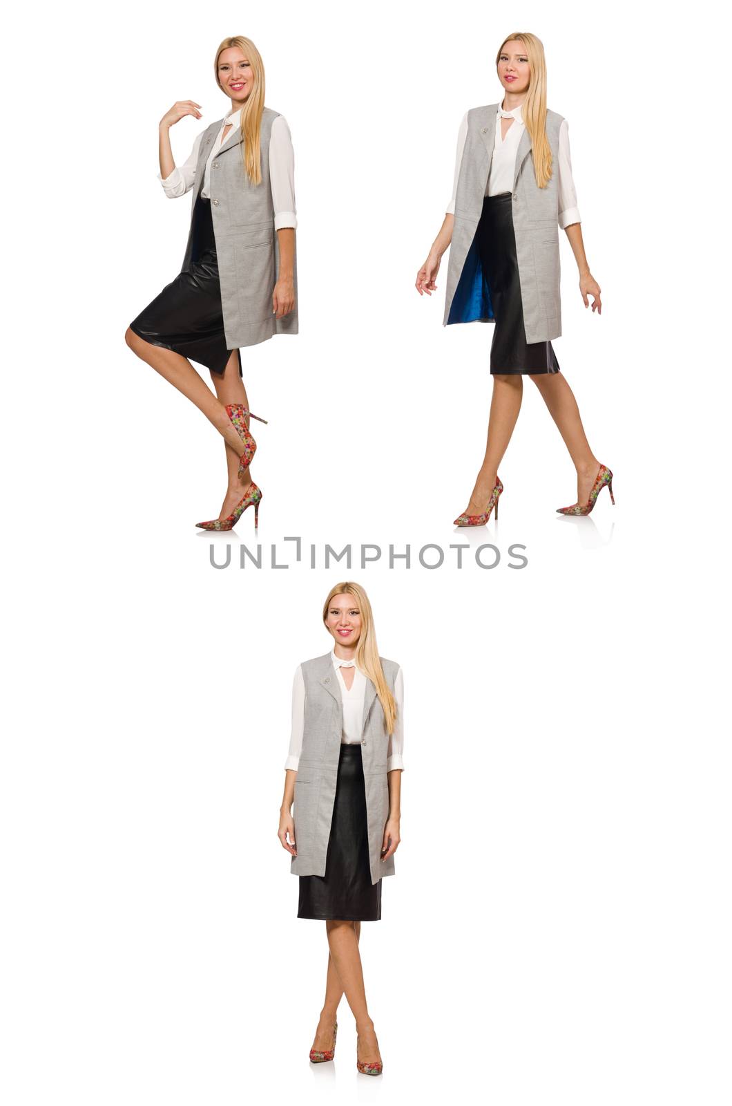 Pretty woman in leather skirt isolated on white