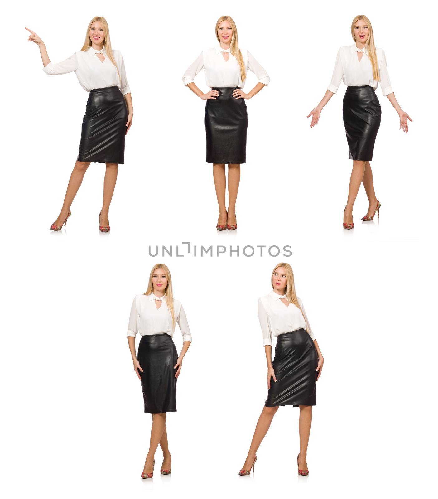 Pretty woman in leather skirt isolated on white