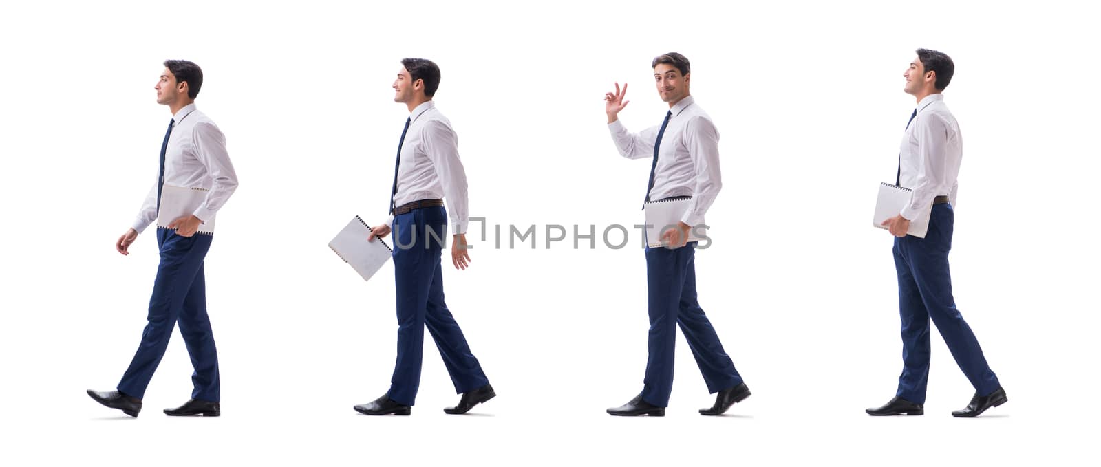 Businessman walking standing side view isolated on white background