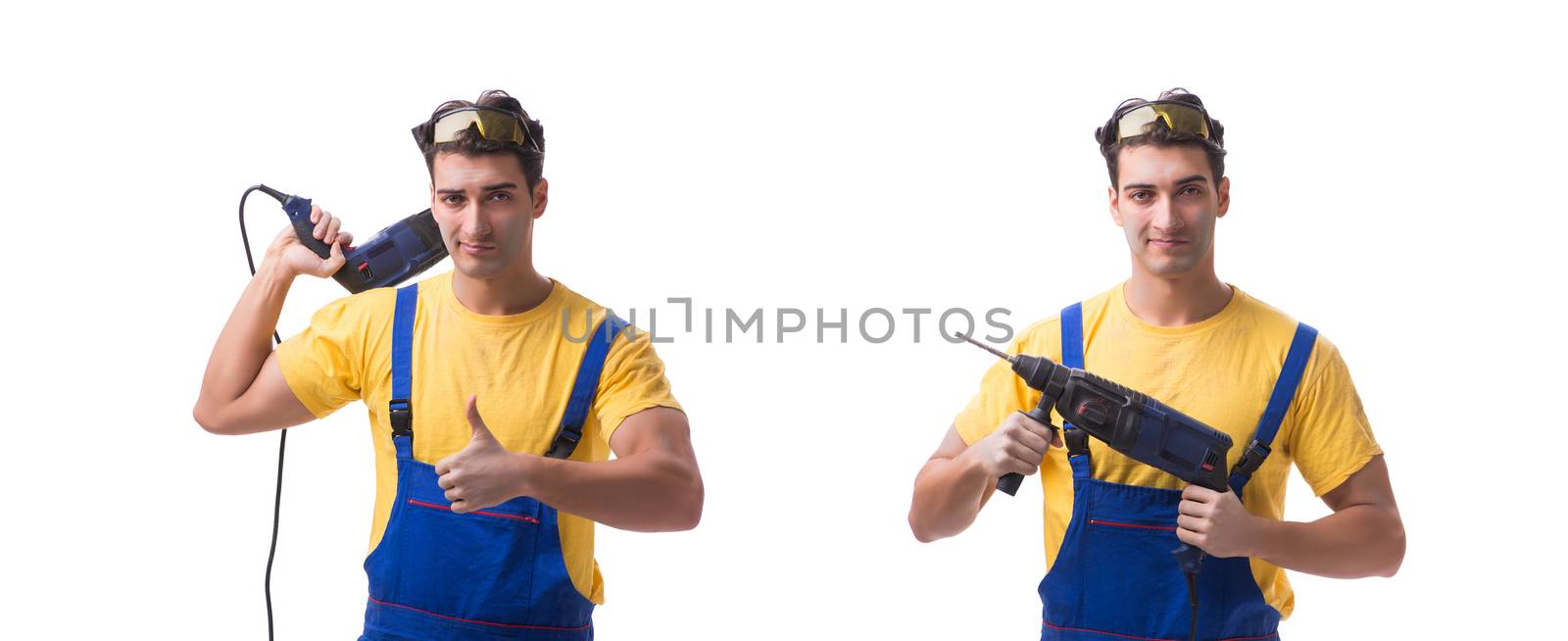 Contractor employee with hand power drill on white background