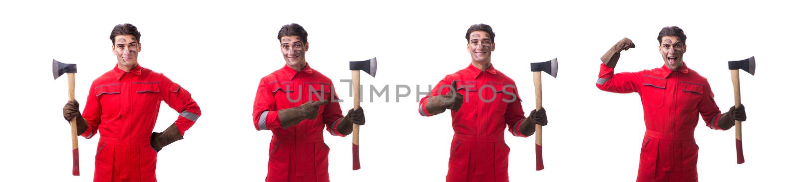 Contractor employee with axe on white background