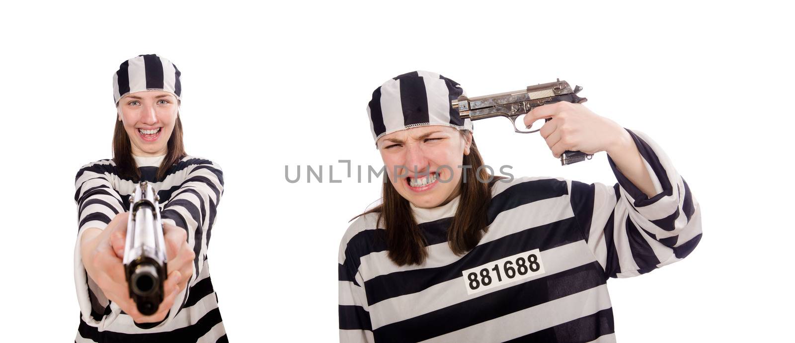 Young woman in prison isolated on white