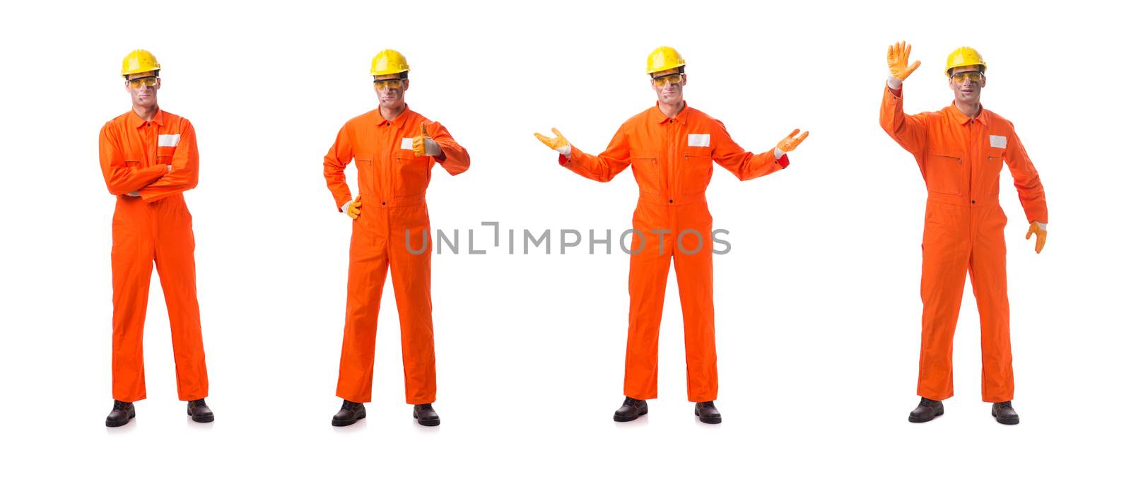 Contractor employee wearing coveralls isolated on white
