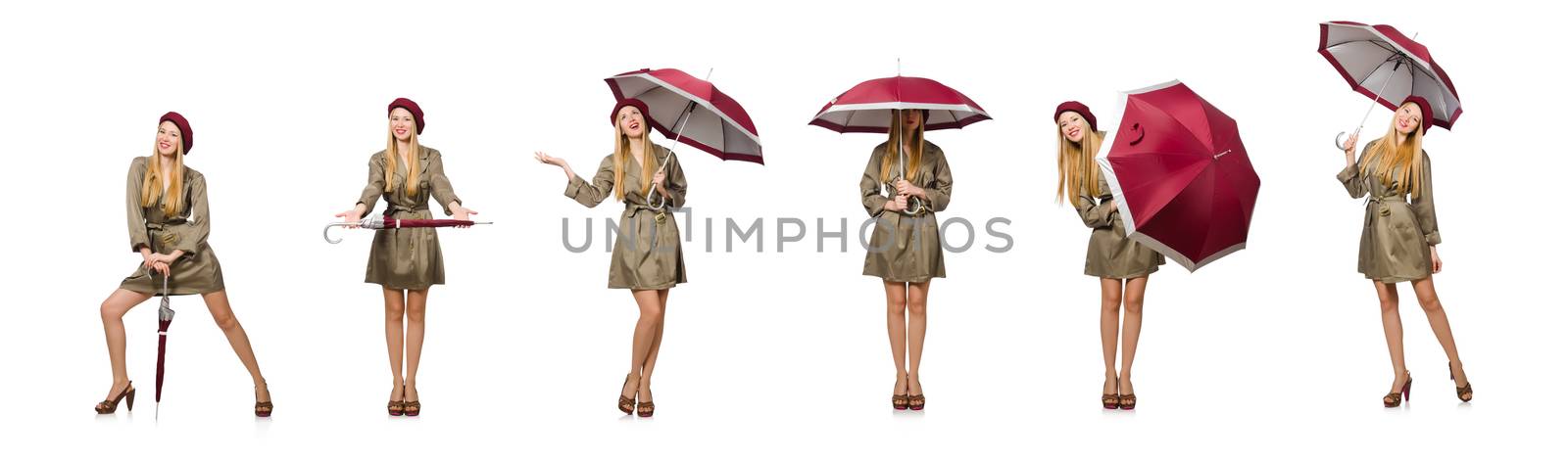 Woman with umbrella isolated on white