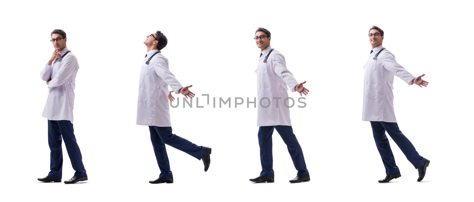 Young doctor physician standing walking isolated on white background