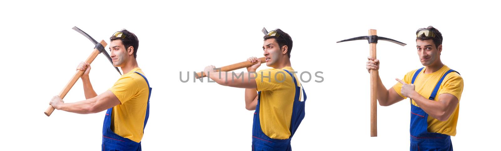 Young man contractor with axe isolated on white