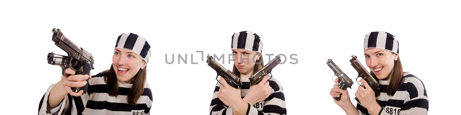 Young woman in prison isolated on white