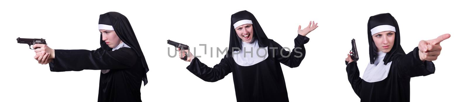 Nun with handgun isolated on white