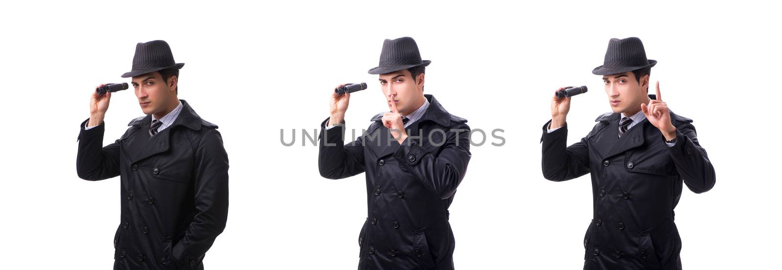 Spy with binoculars isolated on white background