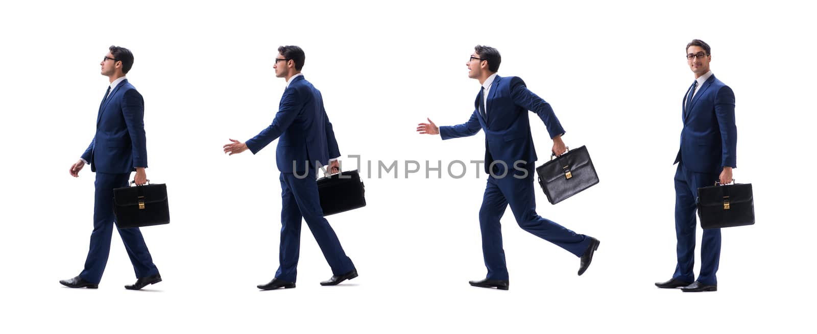 Businessman walking standing side view isolated on white background