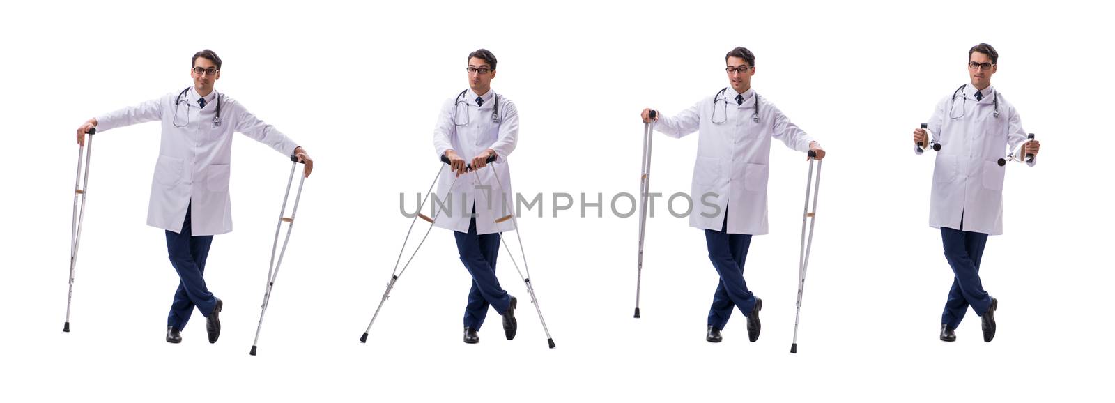 Young doctor physician standing walking isolated on white background