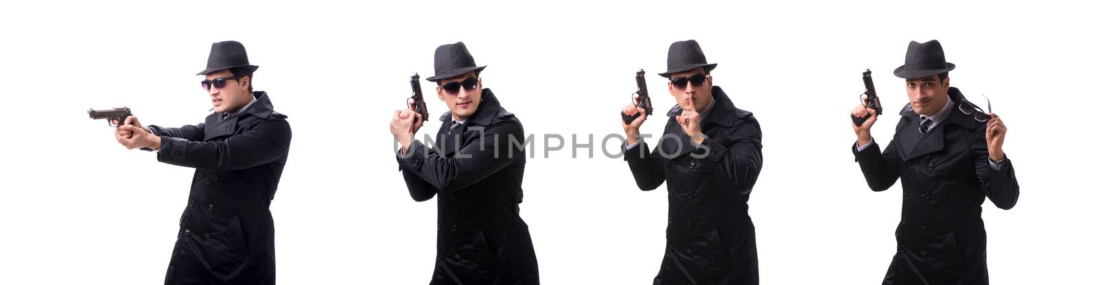 Man spy with handgun isolated on white background