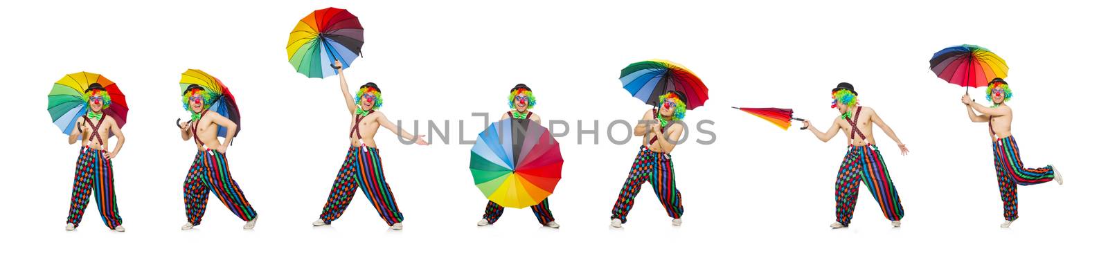 Clown with umbrella isolated on white