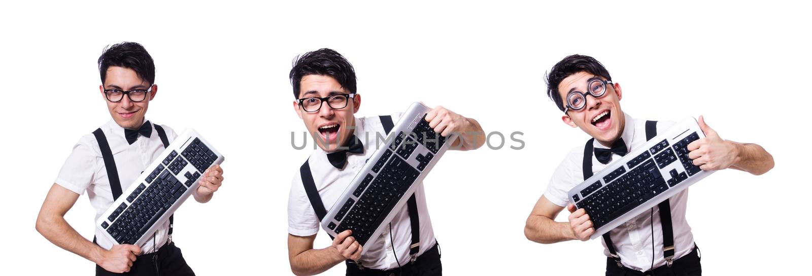 Nerd hacker with computer keyboard on white