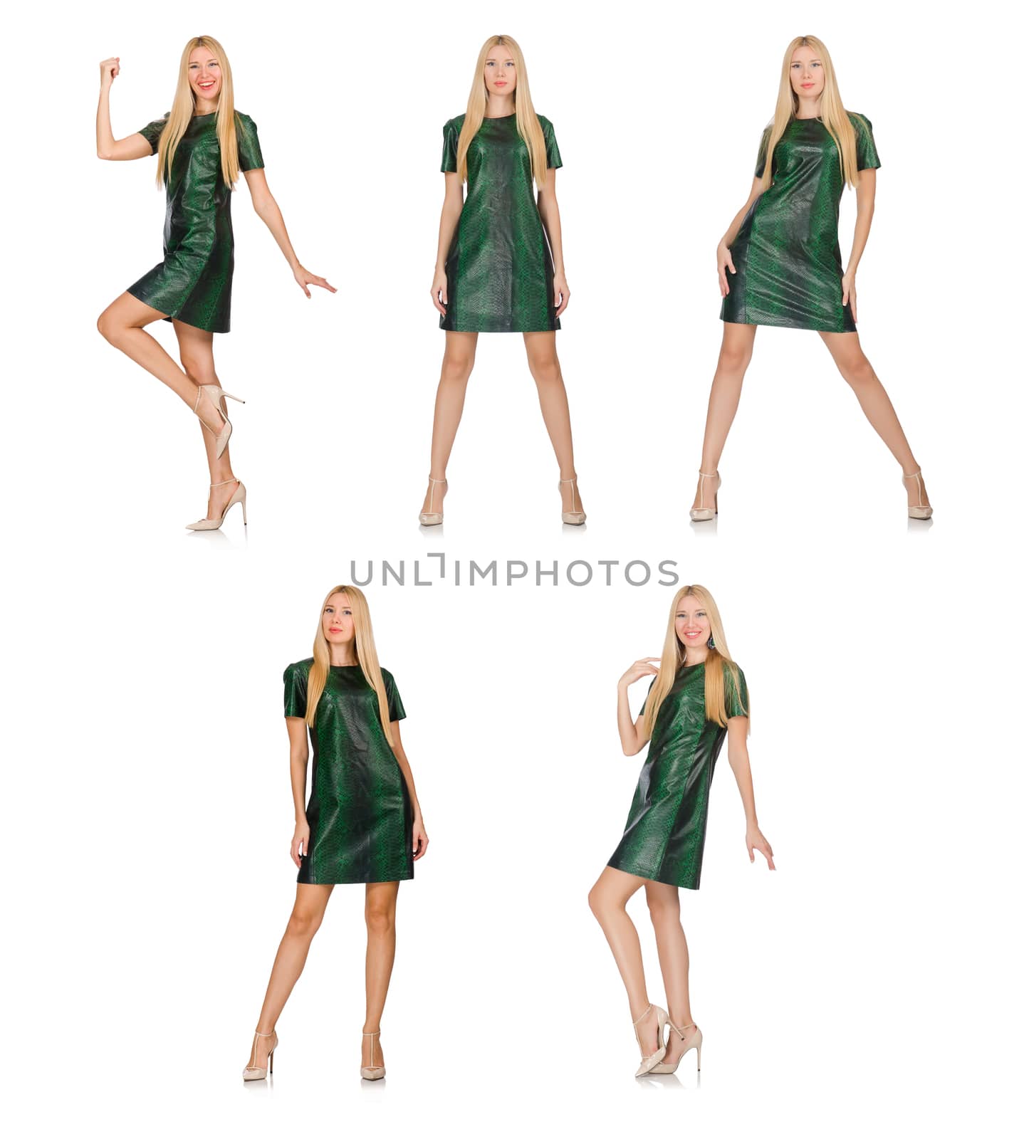 Young woman in green dress isolated on white