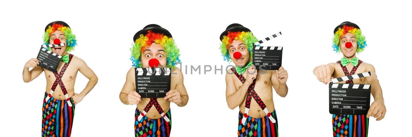 Clown with movie board on white